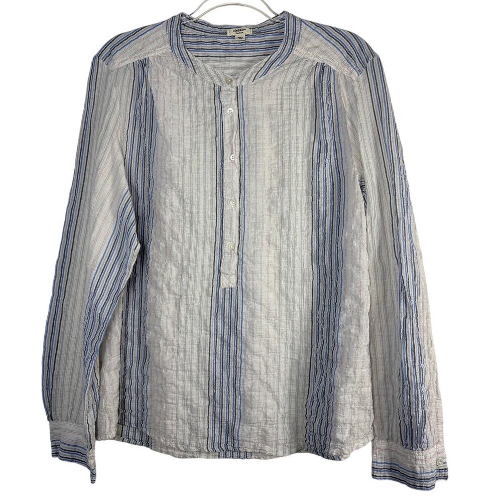 Dylan By True Grit Linen Blend Striped Crinkle Popover Blouse Blue Cottagecore M